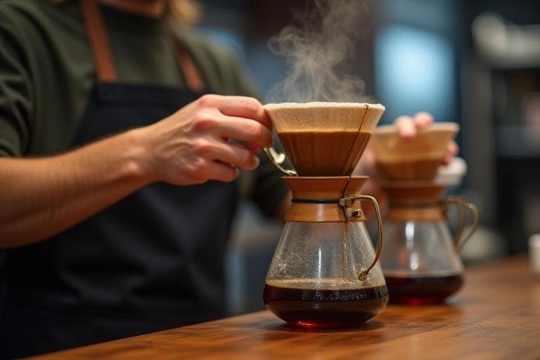 Hasanpaşa Kahve Evi'nde kahve demleme atölyesi sırasında bir barista kahve demlerken